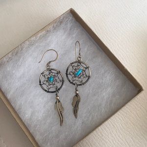 Silver Dreamcatcher Earrings with Turquoise Stone